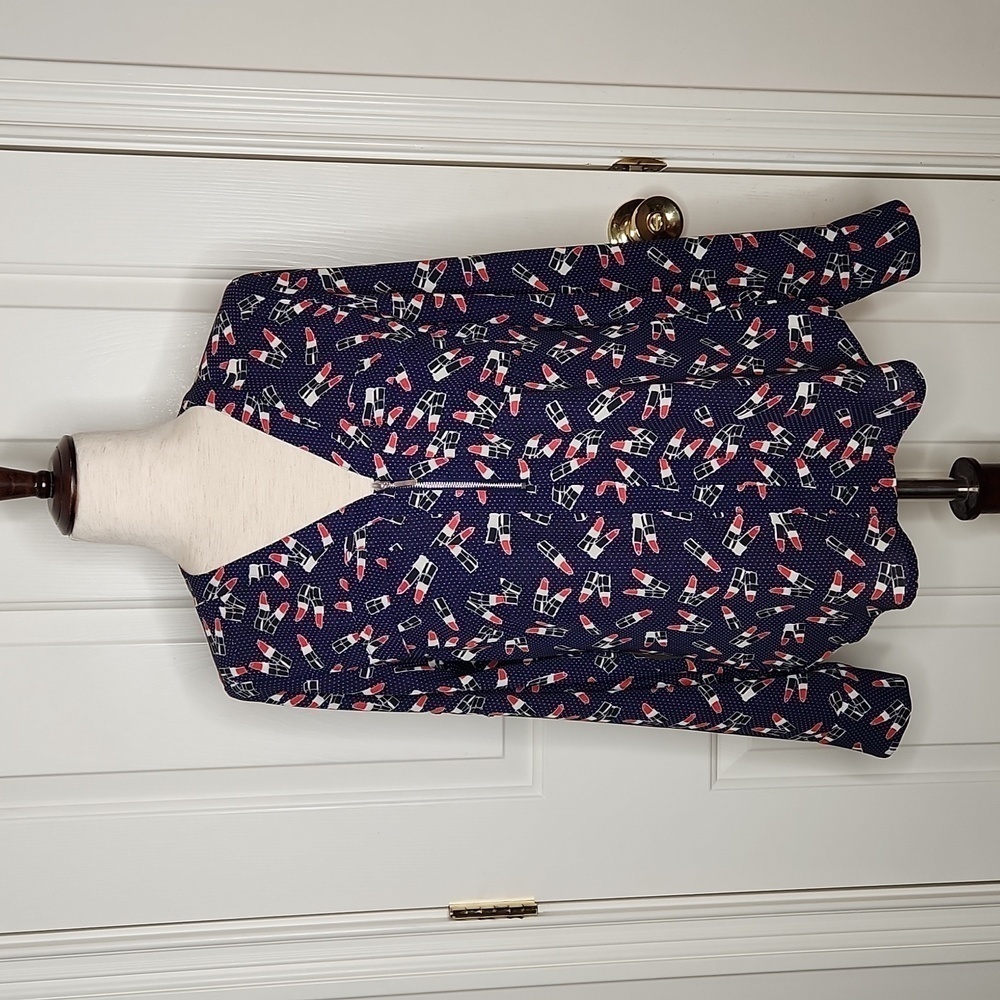 Express Navy Lipstick Print Zip Front Blouse Size S